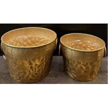 Metal Saksı S/2 Set 31-37 Cm Dekoratif Modern Şık Salon 2 Li Saksı Seti Altın