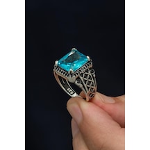 Kare Aqua Mavi Taşlı 925 Erkek Gümüş Yüzük Beyaz
