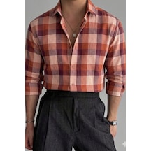 Erkek Ekose Gömlek Slim Fit Pamuklu Uzun Kollu Günlük Şık Gömlek Turuncu