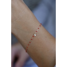 Yenigün Kuyumculuk 14 Ayar Altın Kırmızı Boncuklu Ve Tek Taş Detaylı Bileklik Sarı Altın