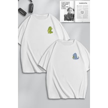 Unisex Kadın Erkek Dinozor Baskılı Sevgili Çift Kombini Tasarım Oversize Tshirt 2'li Beyaz1 Mck0117 Beyaz
