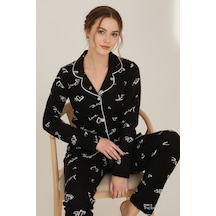 Luxury Viscose Siyah Love Ve Kalp Desenli Kadın Uzun Kollu Pijama Takımı 42572 Antrasit