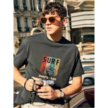 Unisex Füme Pamuklu Oversize T-shirt Surf Baskılı Füme
