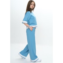 Kız Çocuk %100 Pamuk Kısa Kollu Garnili Truvakar Kol 2 İplik Alt&üst Eşofman Takımı-285-eşt-0011 Mavi