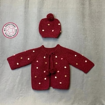 Uretti - Yıldız 7202 - El Örgüsü Bordo Hırka - Şapka İkili Bebek Takımı - 1/2 Yaş Bordo
