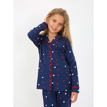 Kız Çocuk Uzun Kollu %100 Pamuklu Düğmeli Pijama Takımı Lovely Lacivert
