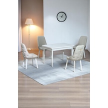 Still Beyaz MDF 70x110 Sabit Mutfak Masası Takımı Beyaz Metal Ayak 4 Krem Sandalye