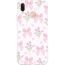 Huawei P20 Lite Uyumlu Pembe Çiçek Ve Fiyonklar Baskılı Silikon Kılıf Renkli