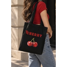 Lunora Collection Cherry Kiraz Baskılı Siyah Körüklü Kanvas Bez Çanta