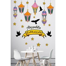 Hoşgeldin Ramazan Renkli Fener Sarkıt Kuşlar Dekoratif Cam Duvar Sticker Seti