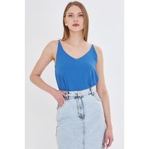 Armonika Kadın Mavi Keten Görünümlü Askılı Bluz Arm-24y001064