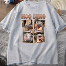 Flood Of Style Moo Deng Rap T Shirt Seviyorum Moo Deng Komik Bebek Hippo Sevgilisi T-shirt Rahat Pamuk Erkek Gri