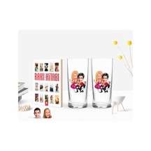 Kişiye Özel Renkli Baskılı Sevgililer Karikatürlü İkili Rakı Bardağı Ve Rakı Cep Kitabı Hediye Seti-9