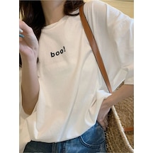 Boo T-shirt - Beyaz Oversize Baskılı Bisiklet Yaka Beyaz