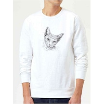 Kedi Çizim Sevimli Kedi Baskılı Beyaz Erkek Örme Sweatshirt Kedi Çizim Sevimli Kedi Baskılı Beyaz Erkek Örme Sweatshirt