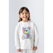 Zeyland Kız Çocuk Ayı Desenli Sim Baskılı Sweatshirt-ekru Ekru