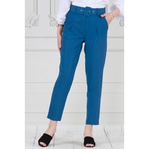 Sevitli Beli Kemerli Pileli Kalem Pantolon-mavi-3681-mavi Mavi