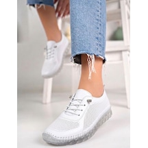 Beren Hakiki Deri Beyaz Kadın Ayakkabı Lazer Delikli Ortopedik Taban Casual Günlük Yürüyüş Ayakkabısı Sneakers