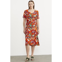 Önden Düğmeli Desenli Viskon Elbise - Oranj 001