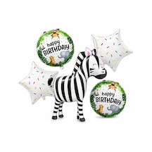 5 Li Zebra Temalı Happy Birthday Folyo Balon Seti Safari Ve Orman Konseptli Parti Süsü Çok Renkli