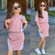 Kız Çocuk Şerit Detaylı Jean Garnili Etekli Takım Pembe Spor Şık 2 Li Takım 32096-p
