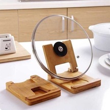 Pazly Çevre Dostu Bambu Pot Tutucu Kapak Tutucu, Mutfak Eşyası Rafı, Drenaj Tavası, Bambu Malzeme, 17x13.5x14cm, Yeni Model Doğal