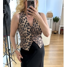 Modaonna Leopar Desen Yelek Kahverengi