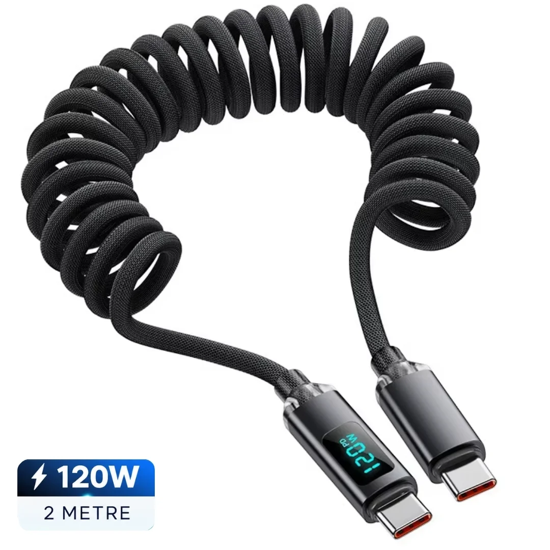 Samsung Uyumlu Type C Hızlı Telefon Şarj Veri Kablosu 120w Yaylı Spiral Dijital Ekranlı 2 Metre