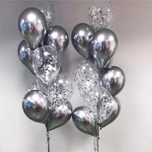 12 Krom Gümüş 12 Gümüş Konfetili Şeffaf Balon Set