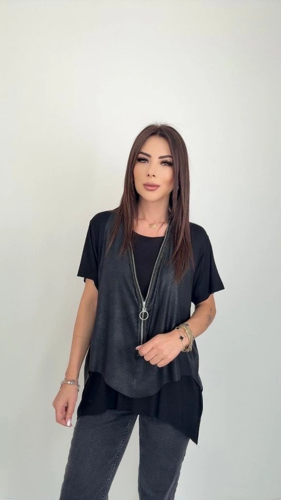 Sidelya Concept Kadın Kısa Kollu Yuvarlak Yaka Viskon Bluz + Kolsuz Fermuarlı Çatlak Deri Yelek Siyah