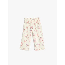 Koton Bol Paça Keten Pantolon Çiçek Desenli Beli Lastikli Dokulu Bej Desenli 4smg40008aw Ekru