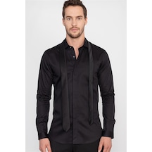 Tudors Süper Slim Fit Extra Dar Kesim Likralı Erkek Gömlek-19063 Siyah