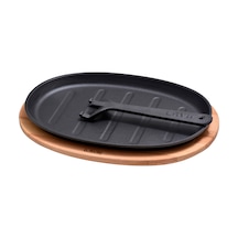 Lava Döküm Oval Fajita Tavası, Saplı ve Ahşap altlıklı. Ölçü 18x2