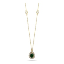 Kuyumcudukkani Zincirli"kenar Taşlı Safir Renk Damla Taşlı"kolye-37201-g-grn Gold
