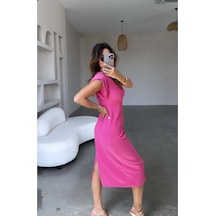 Paw Garage Full Likralı Ottoman Kumaş, Yırtmaçlı T Kol Elbise, Giy Çık Elbise, Premium Kumaş Kalıp Pembe