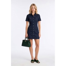 Blue White Kadın Koyu Siyah Düğmeli Jean Elbise D-28 Siyah Xs