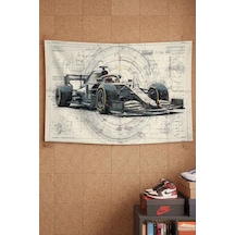 Formula 1 Yarış Aracı Teknik Çizim Dekoratif Duvar Örtüsü Duvar Halısı Beyaz