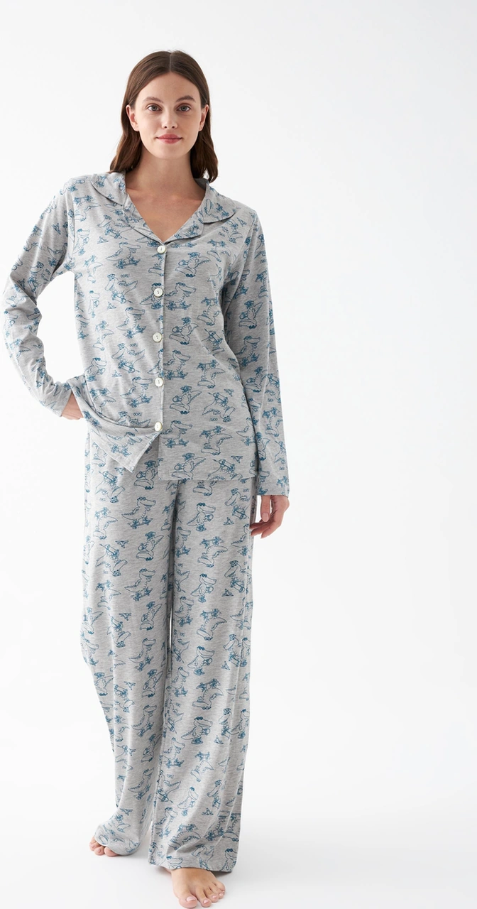 Akbeniz Kadın Gri Desenli Düğmeli Pamuklu Pijama Takımı Gri