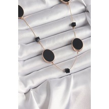 Pirinç Gold Renk Siyah Renk Oval Siyah Küp Detay Kadın Kolye Çok Renkli