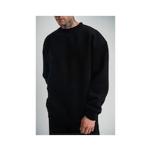 Erkek Uzun Kol Bisiklet Yaka 3 İplik Pamuklu Kışlık Sweatshirt - Siyah