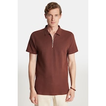 Tudors Erkek Slim Fit Dar Kesim %100 Pamuk Fermuarlı Kahverengi Polo Yaka Tişört-34351 Kahverengi
