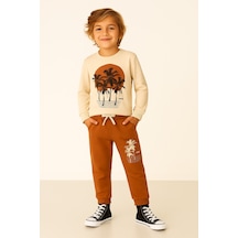 Veramoni Tropical Baskılı Uzun Kollu Lastikli Bel Cepli Unisex Çocuk Alt Üst Takım Kahverengi