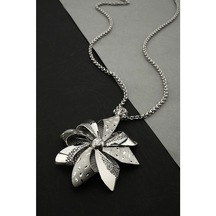 Çiçek Motifli Gümüş Tasarım Uzun Zincirli Füzyon Kolye - N157201 (485189255)