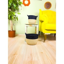 Bitki Tasarımı Düzenleyici Kulplu Üstü Siyah Şeritli Doğal Örgü Sepet İkili Set Orta-küçük