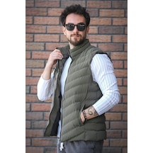 Faxy Cepli Dik Yaka Nova Parlak Kumaş Erkek Şişme Yelek Haki