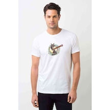Black Cat Playing The Guitar Baskılı Beyaz Erkek Tshirt