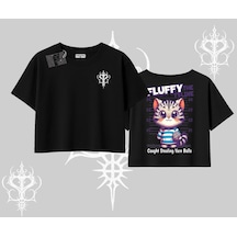 Tarzsokak Fluffy The Feline Yazılı Sevimli Kedi Arka Baskılı Oversize Crop Tshirt Siyah