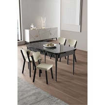 Canisa Exve Serisi 80x132 Açılabilir Siyah Mermer Desen Masa Takımı Ve 4 Krem Sandalye Masa Barok Ahşap Desen Sandalye Krem