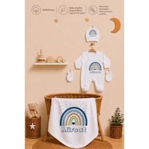 Pia Baby Kişiye Özel Erkek Bebek Tulum Set 4 Parça %100 Pamuk İsimli Organik Baskılı Battaniyeli 1091bt3x Krem
