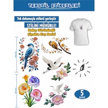 Ütü İle Yapışan Kıyafet Etiketi Nakış Görünümlü Çiçekte Kuş Seri 5lı Set Karışık